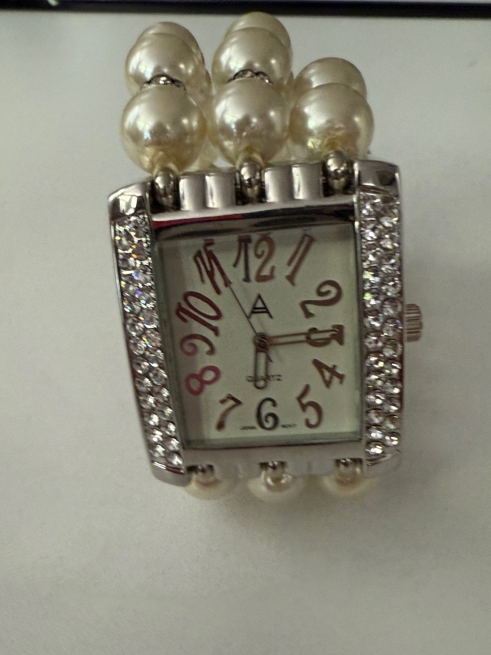 Pearl Bead Strap Crystal Accent Women's Watch - Cream and Silver